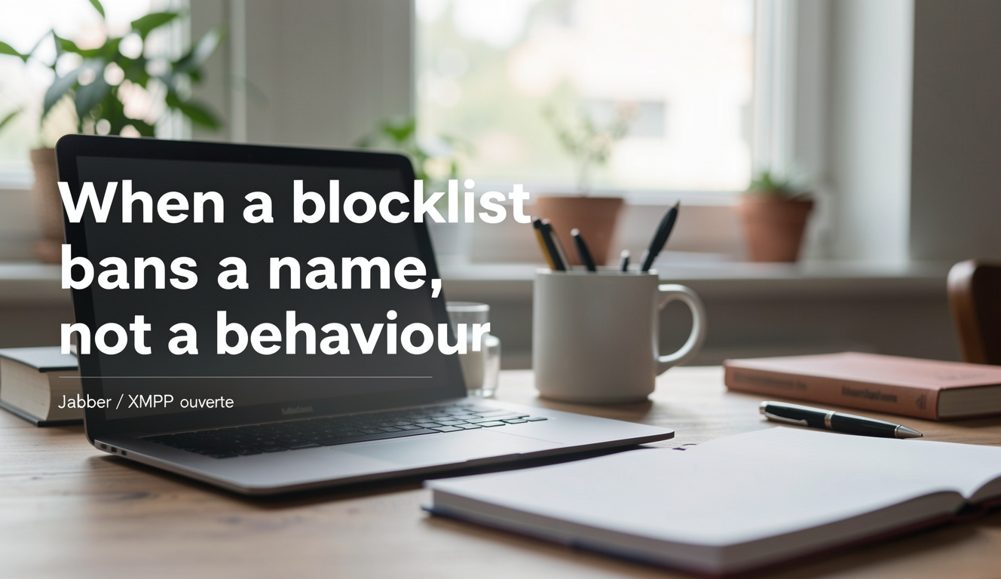 A printed list of blocked domains beside a notebook of dated incident notes on a desk.