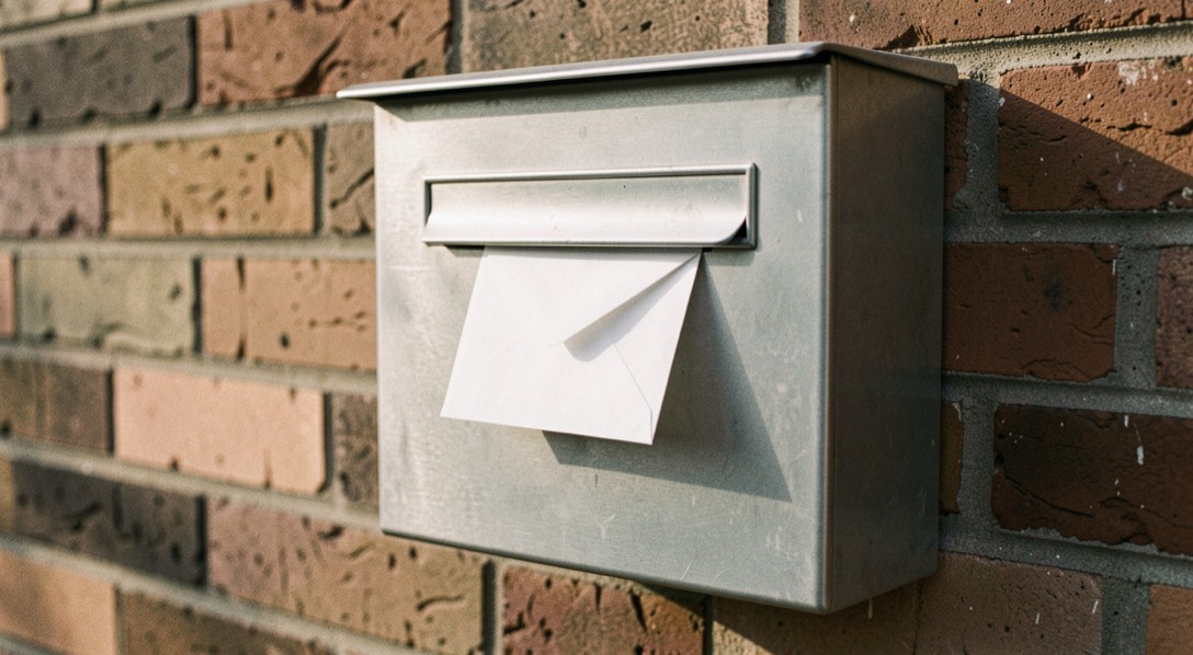 A plain metal letterbox on a brick wall, morning light, a single envelope showing at the slot.