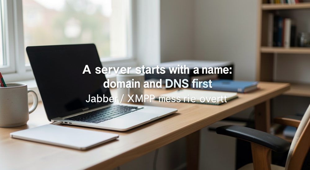 A sticky note with a handwritten domain name beside a laptop showing a table of DNS records.