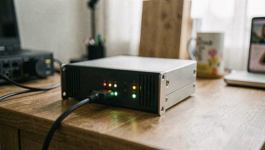 A small rack-mounted server in a home office, status lights on, network cable plugged in.