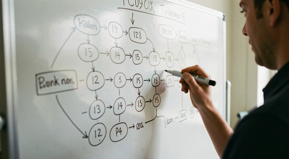 A whiteboard covered in a numbered process diagram, marker still in hand.