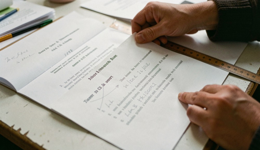 Printed proof pages spread on a table with pencil marks and a ruler holding one page flat.