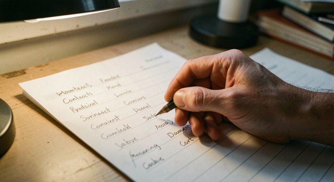 A hand ticking names on a printed contact list, several rows already marked, desk lamp lit.