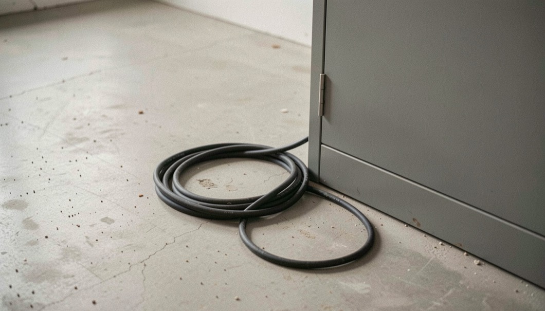 A single network cable coiled on a bare concrete floor beside a closed grey cabinet door.