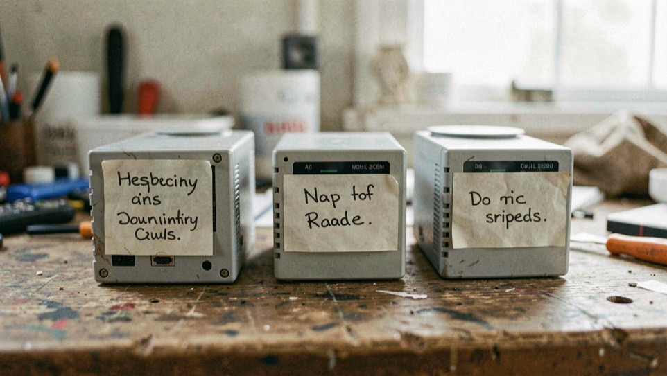 Three small servers lined up on a workbench, each with a different handwritten label taped on.